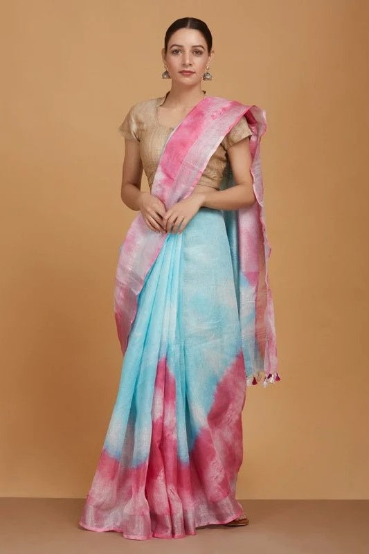 blue pink pure shibori linen saree - linenworldonline.in