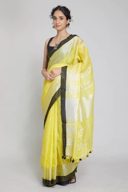 yellow handloom woven pure linen saree - linenworldonline.in
