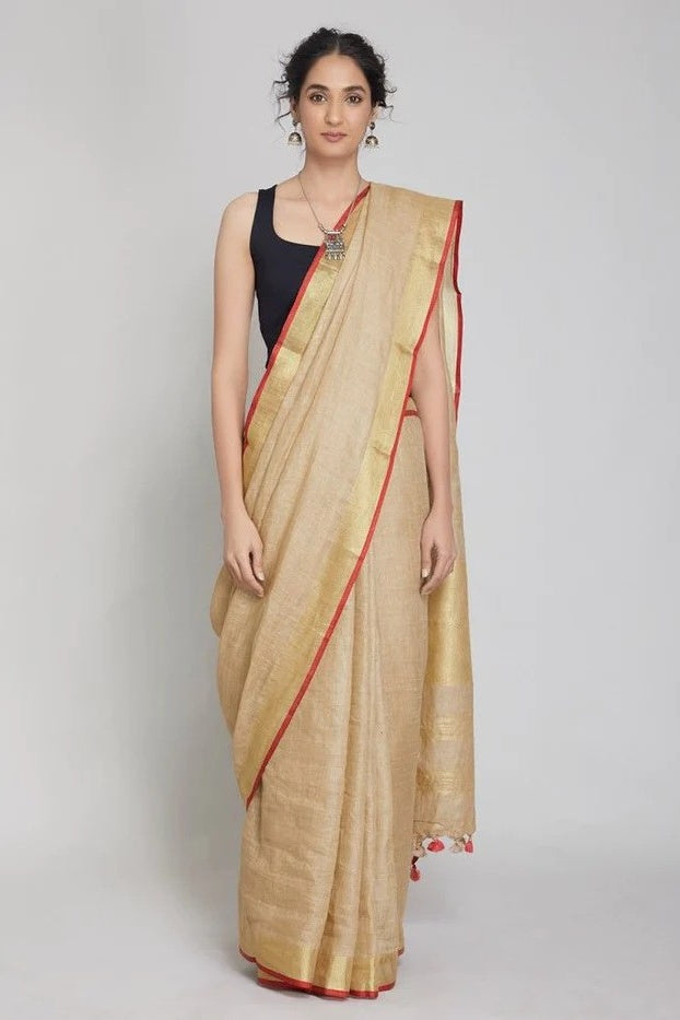 khaki handloom woven pure linen saree - linenworldonline.in
