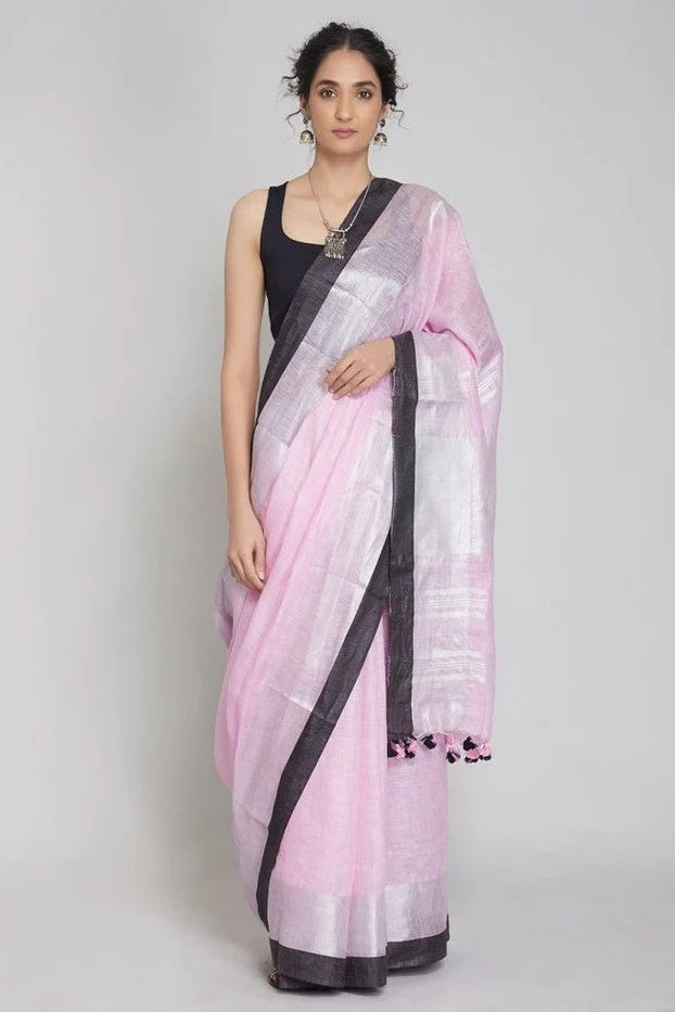 baby pink handloom woven pure linen saree - linenworldonline.in