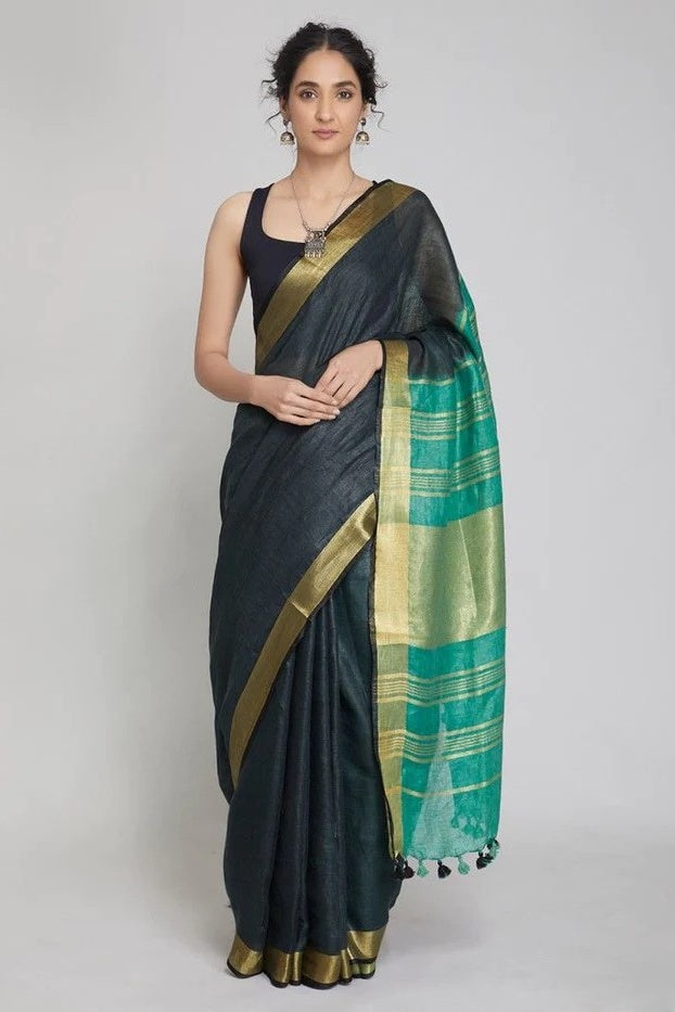 black rama green handloom woven tie dye pure linen saree - linenworldonline.in
