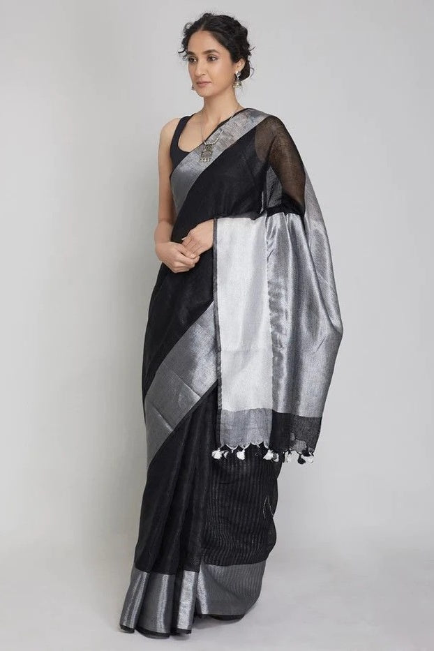black handloom woven pure linen saree - linenworldonline.in
