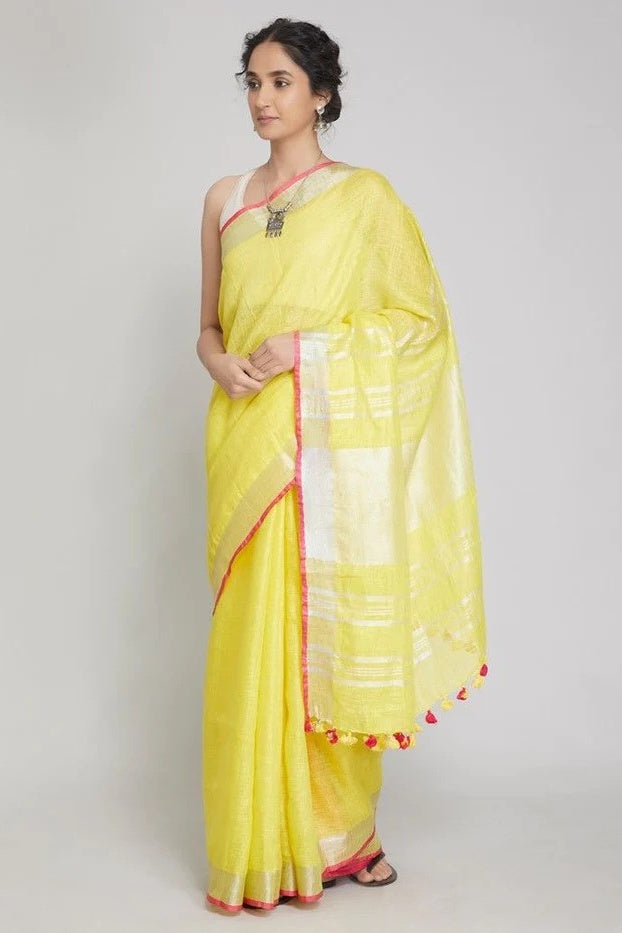 yellow handloom woven pure linen saree - linenworldonline.in