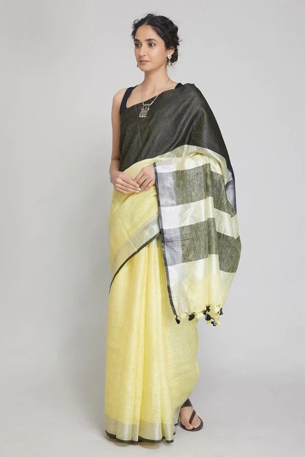 pale yellow handloom woven broad border pure linen saree - linenworldonline.in