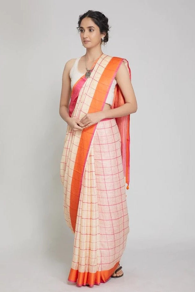 cream ganga yamuna handloom checkered woven pure linen saree - linenworldonline.in