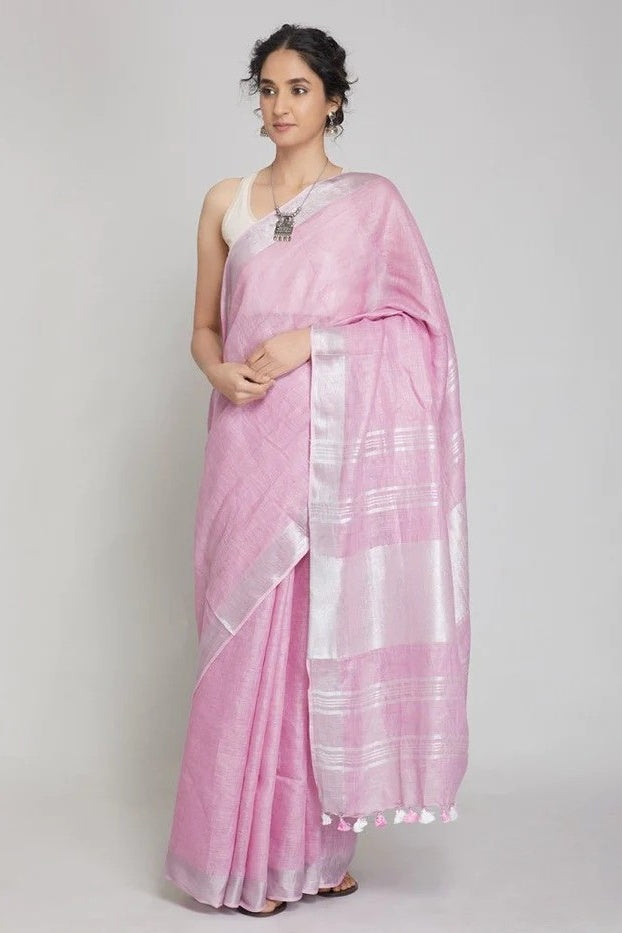 onion pink handloom woven pure linen saree - linenworldonline.in