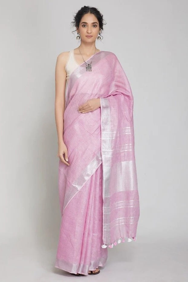 onion pink handloom woven pure linen saree - linenworldonline.in
