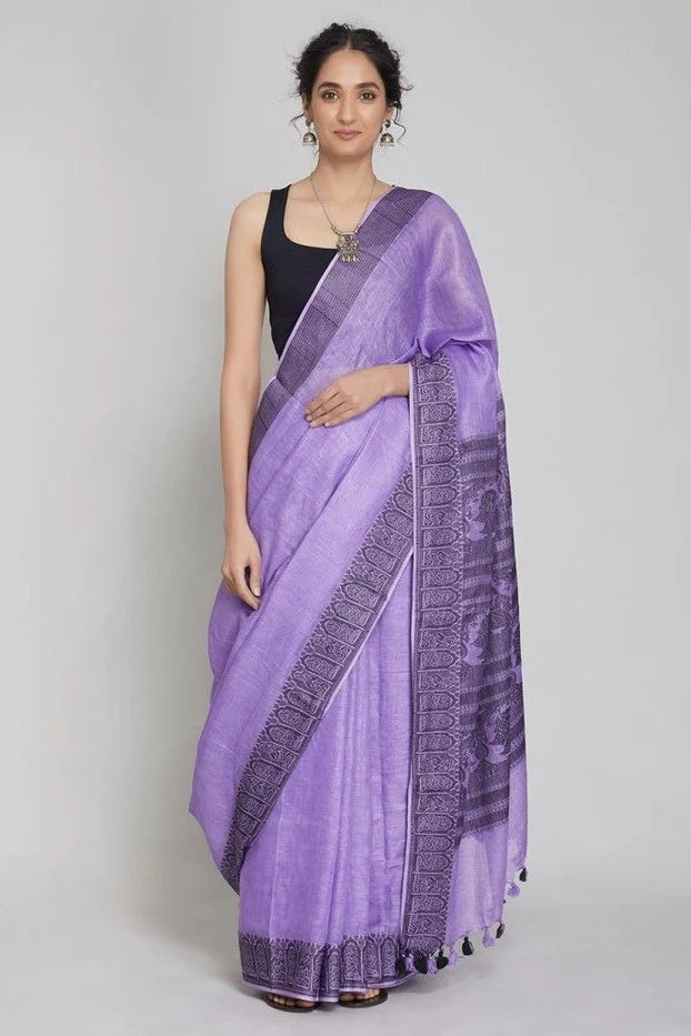 purple jacquard woven linen saree - linenworldonline.in