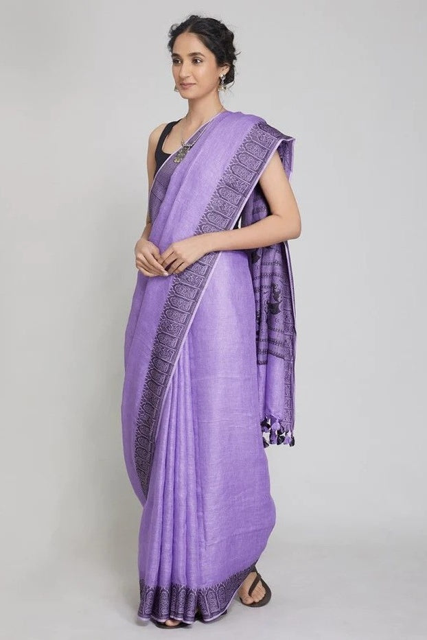 purple jacquard woven pure linen saree - linenworldonline.in