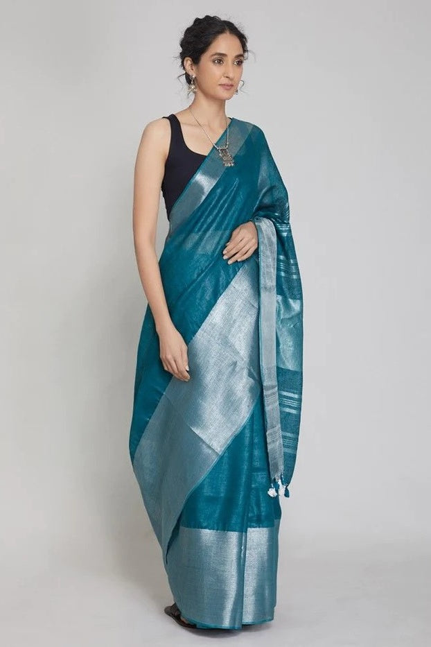 teal blue handloom woven pure linen saree - linenworldonline.in
