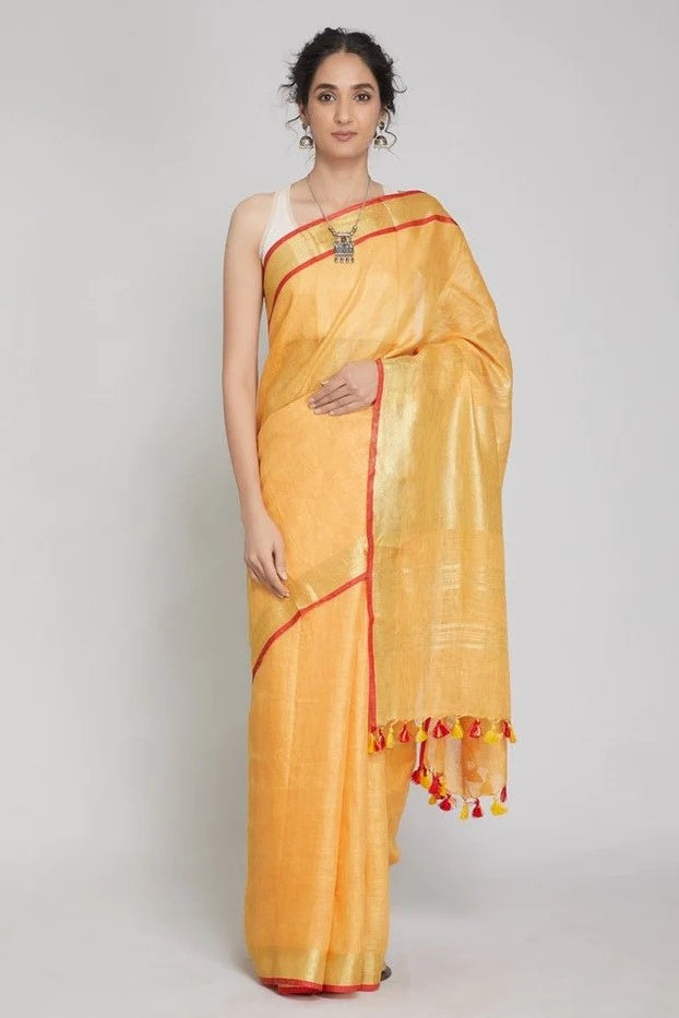 mustard yellow handloom woven pure linen saree - linenworldonline.in