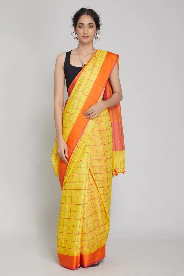 yellow checkered ganga yamuna handloom woven pure linen saree - linenworldonline.in