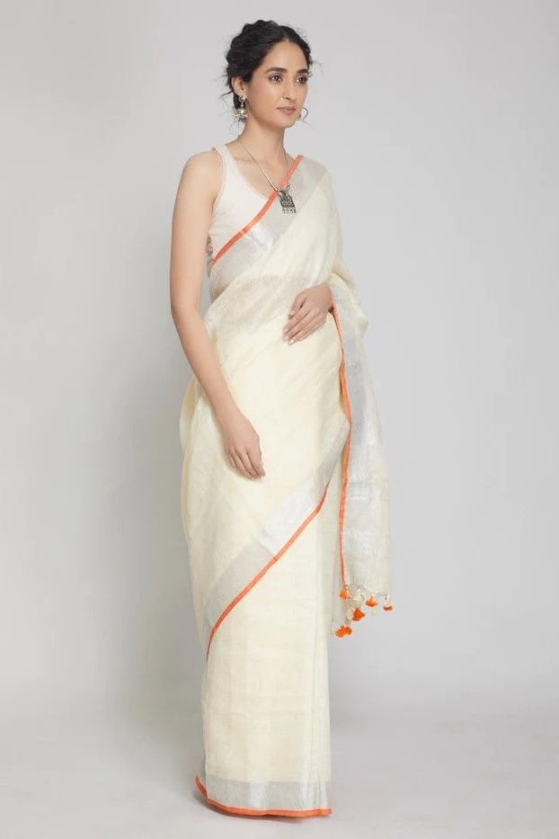 cream handloom woven pure linen saree - linenworldonline.in