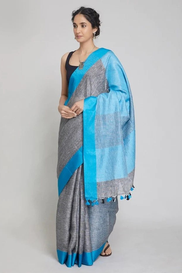 grey handloom woven pure linen saree - linenworldonline.in