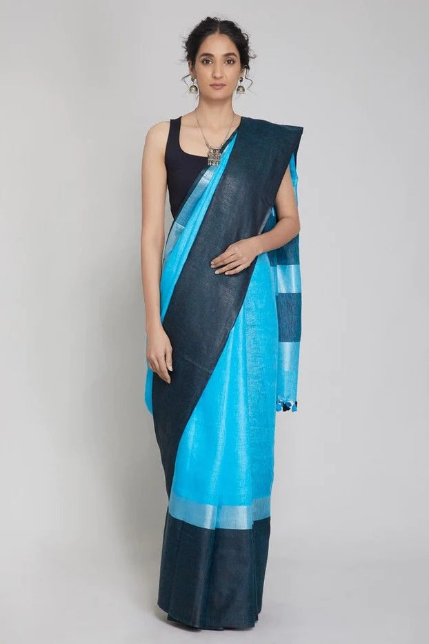 blue handloom woven pure linen saree - linenworldonline.in