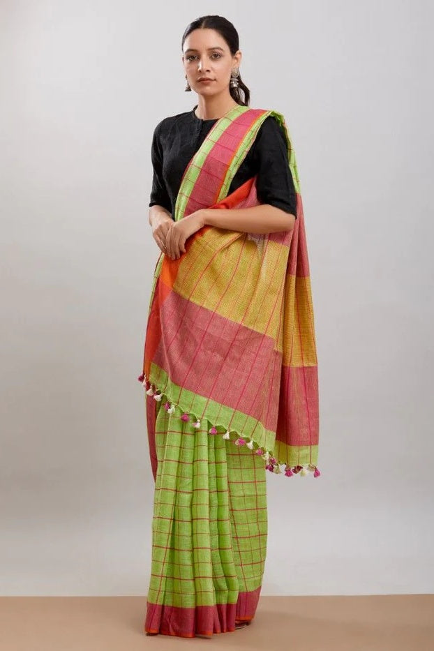 green ganga yamuna handloom woven pure linen saree - linenworldonline.in