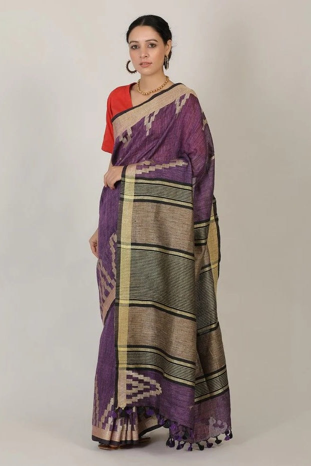 purple handloom woven pure linen saree - linenworldonline.in