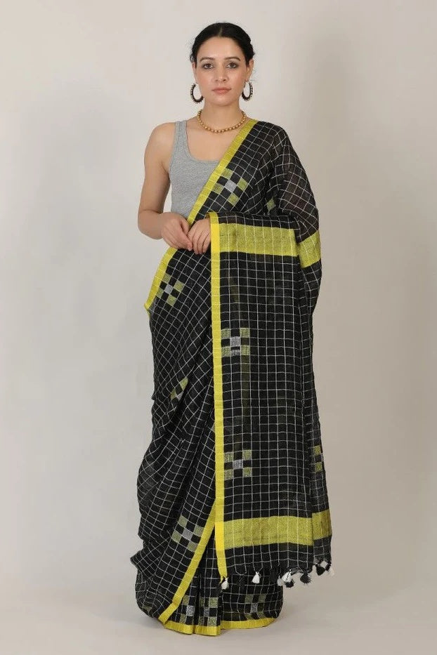 black checkered handloom woven pure linen saree - linenworldonline.in