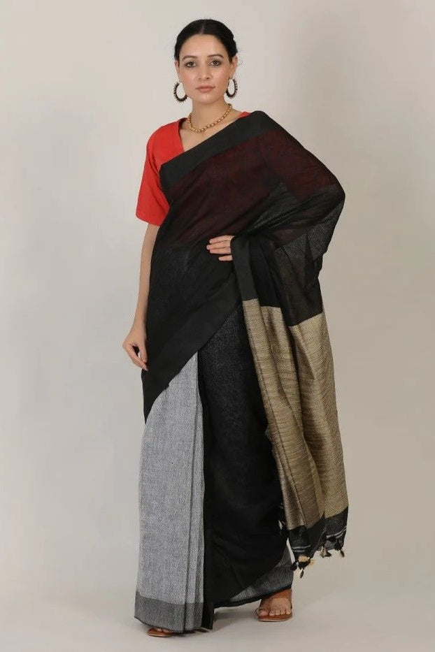 black grey handloom woven pure linen saree - linenworldonline.in