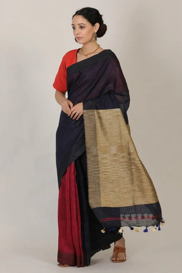 black red handloom woven pure linen saree - linenworldonline.in