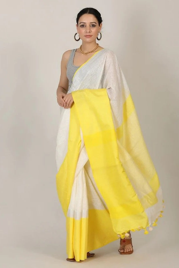 white handloom woven pure linen saree - linenworldonline.in