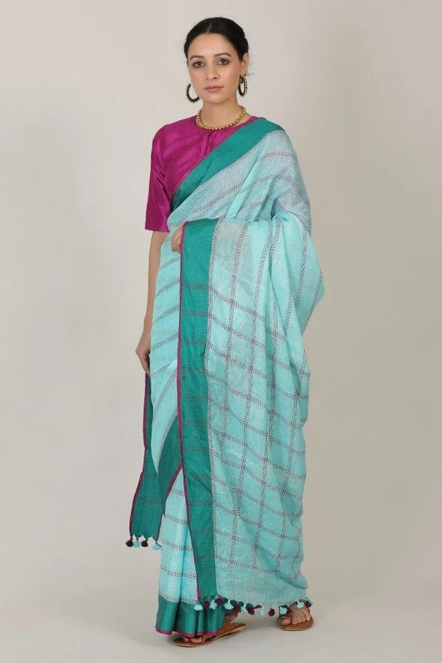 aqua blue kantha style handloom woven pure linen saree - linenworldonline.in