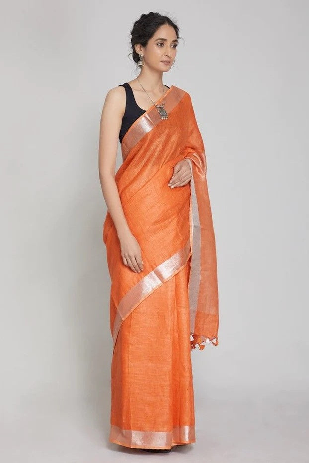 orange handloom woven pure linen saree - linenworldonline.in