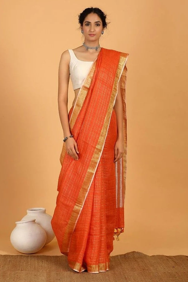 orange checkered handloom woven pure linen saree - linenworldonline.in