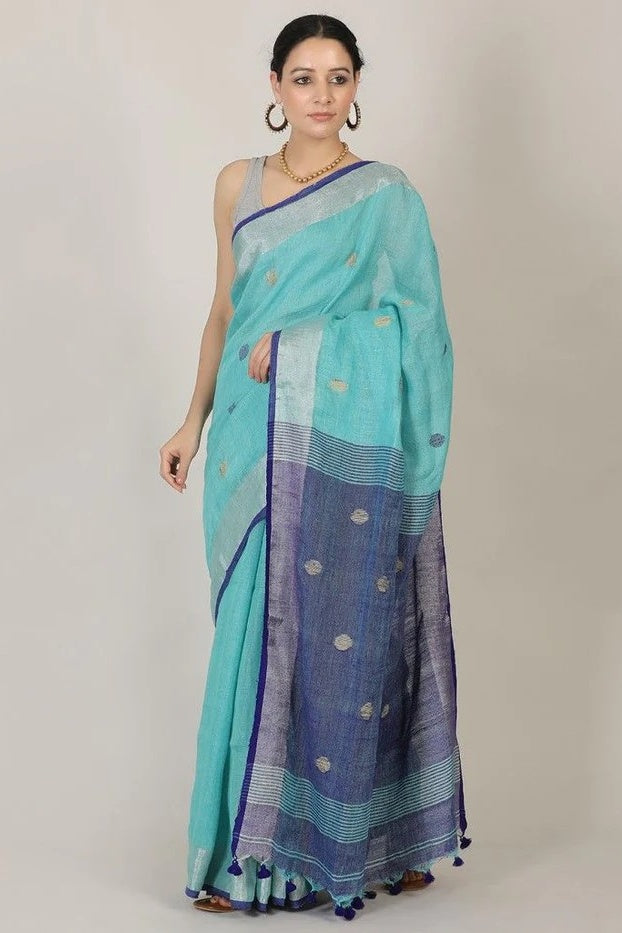 blue polka handloom woven pure linen saree - linenworldonline.in