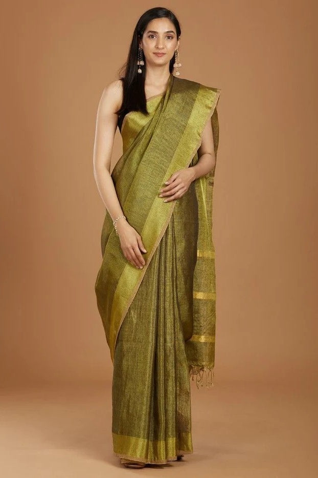 green handloom woven zari linen saree - linenworldonline.in