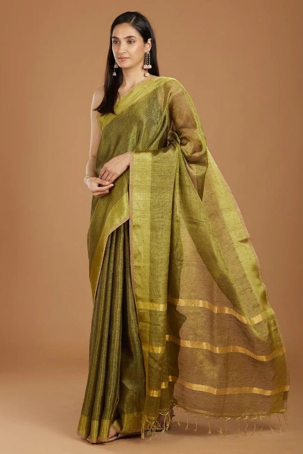 green handloom woven zari linen saree - linenworldonline.in