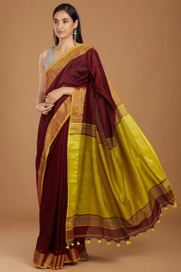 maroon handloom woven pure linen saree - linenworldonline.in