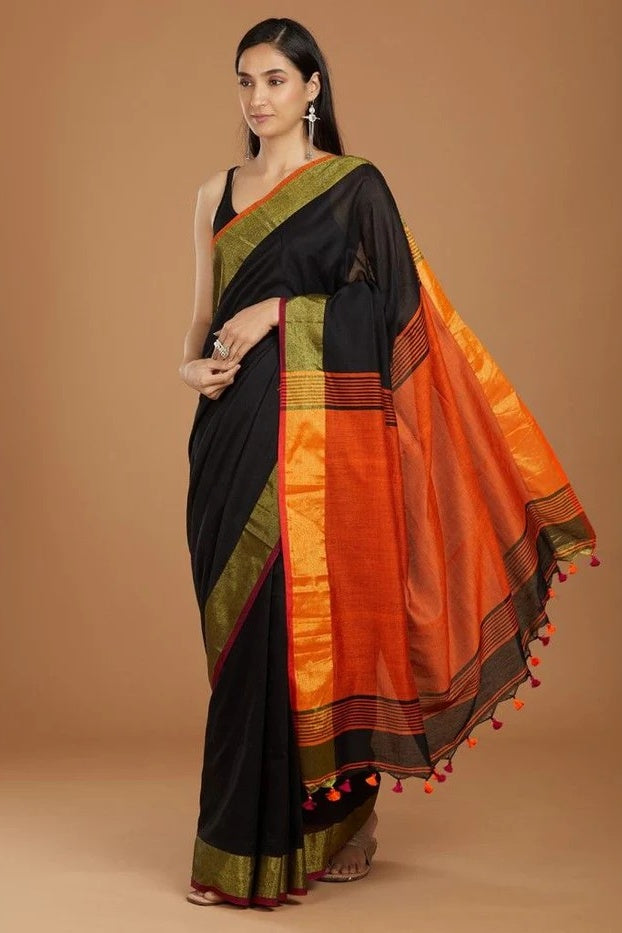 black handloom woven pure linen saree - linenworldonline.in
