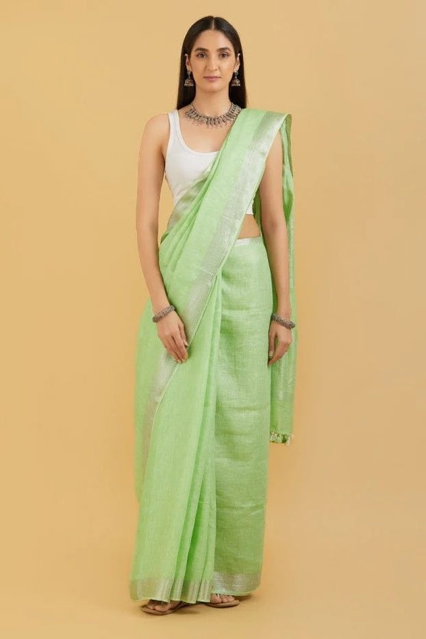 light green handloom woven pure linen saree - linenworldonline.in