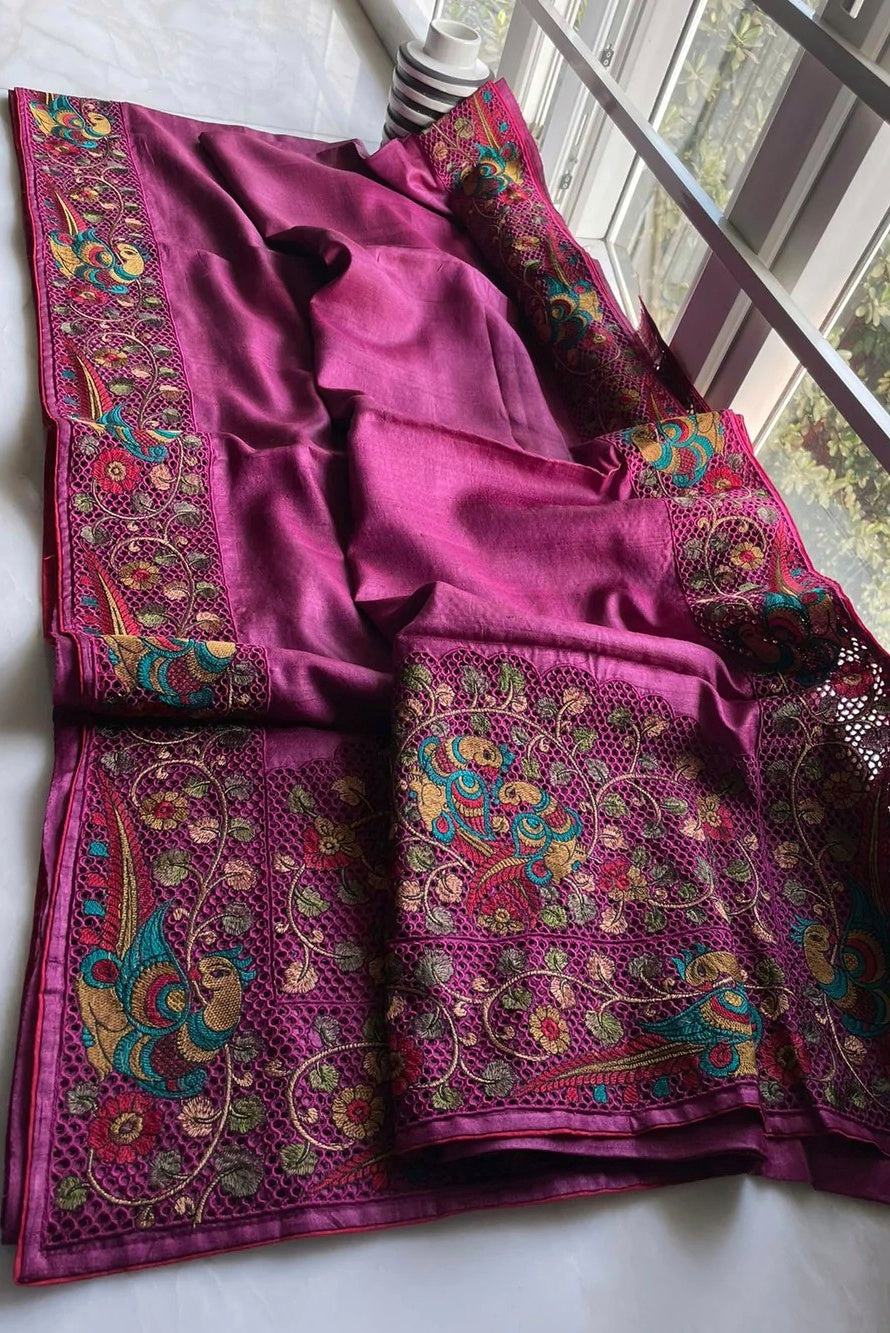 pink pure bhagalpuri desi tussar hand cutwork silk saree - linenworldonline.in