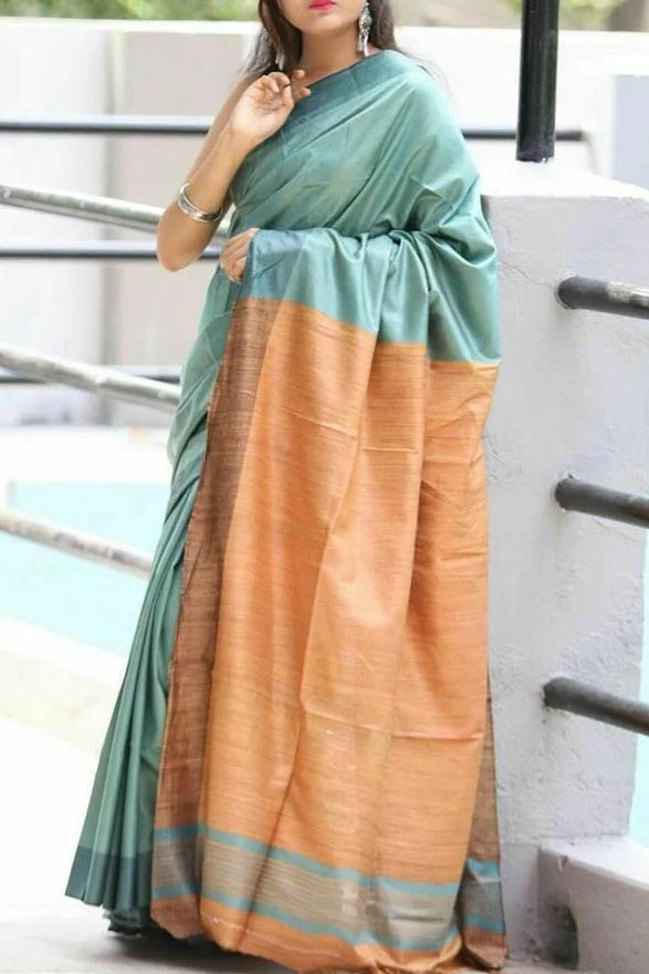 shadow green bhagalpuri handloom tussar ghicha silk saree - linenworldonline.in