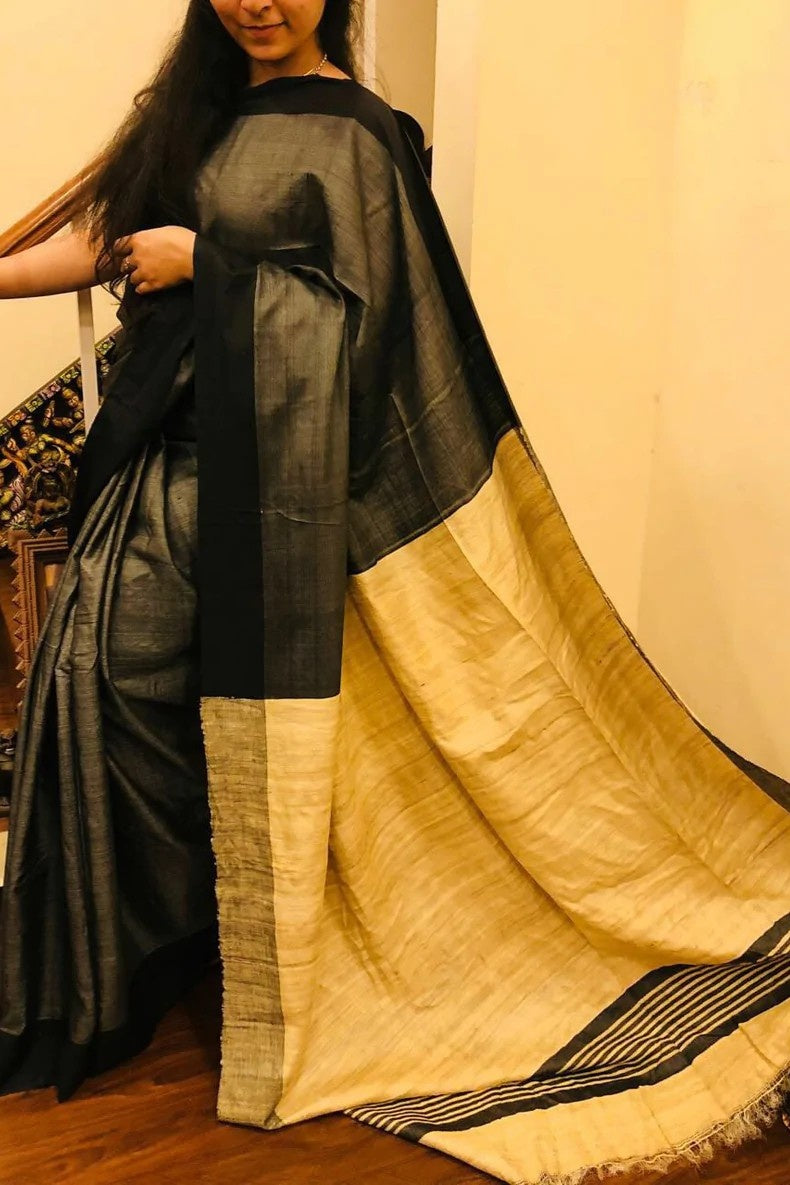 dark grey bhagalpuri handloom tussar ghicha silk saree - linenworldonline.in