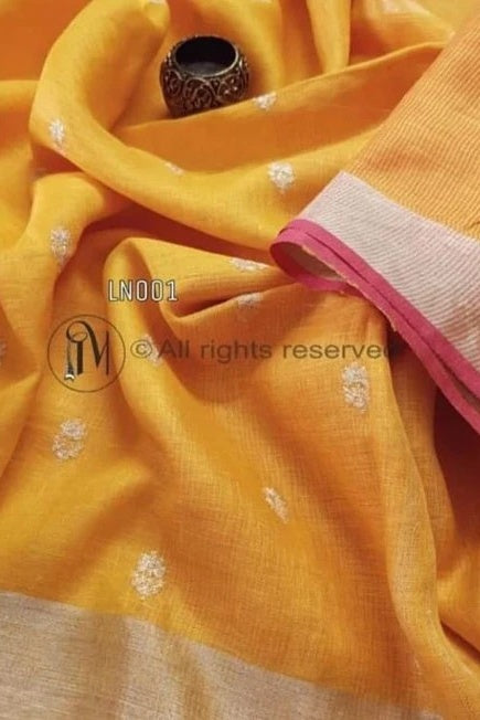 mustard yellow embroidered handloom pure linen saree - linenworldonline.in