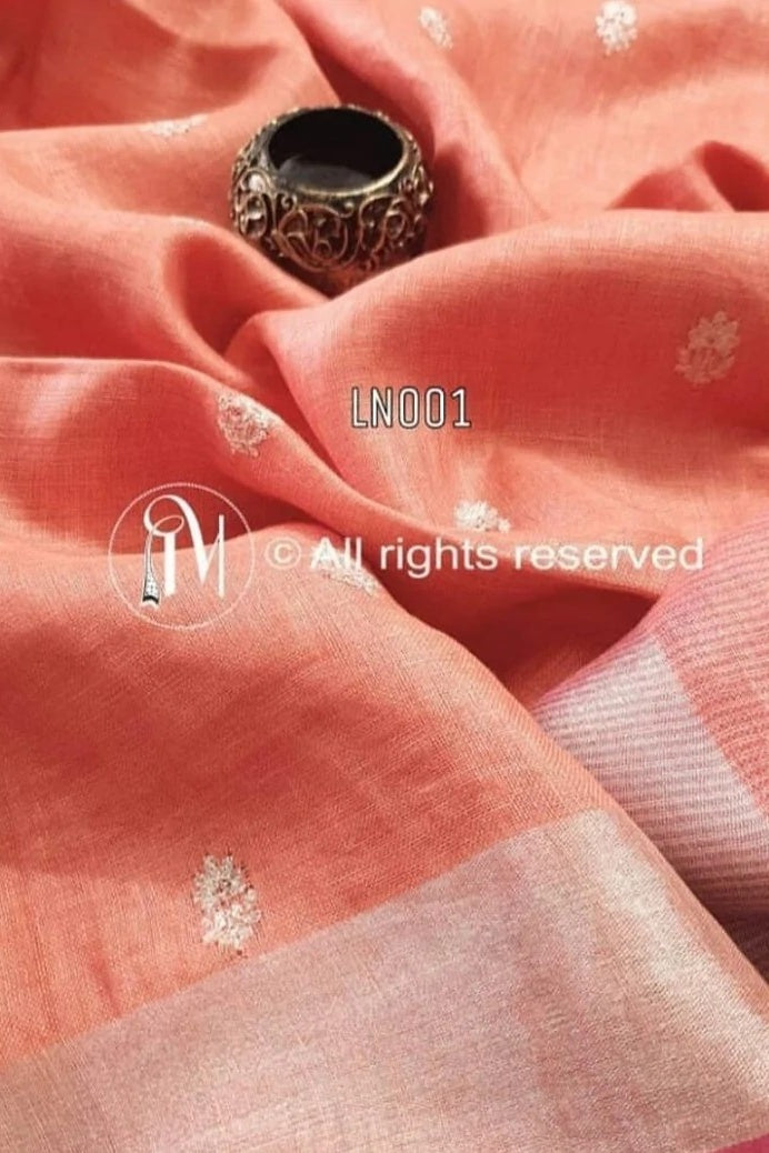 peach embroidered handloom pure linen saree - linenworldonline.in