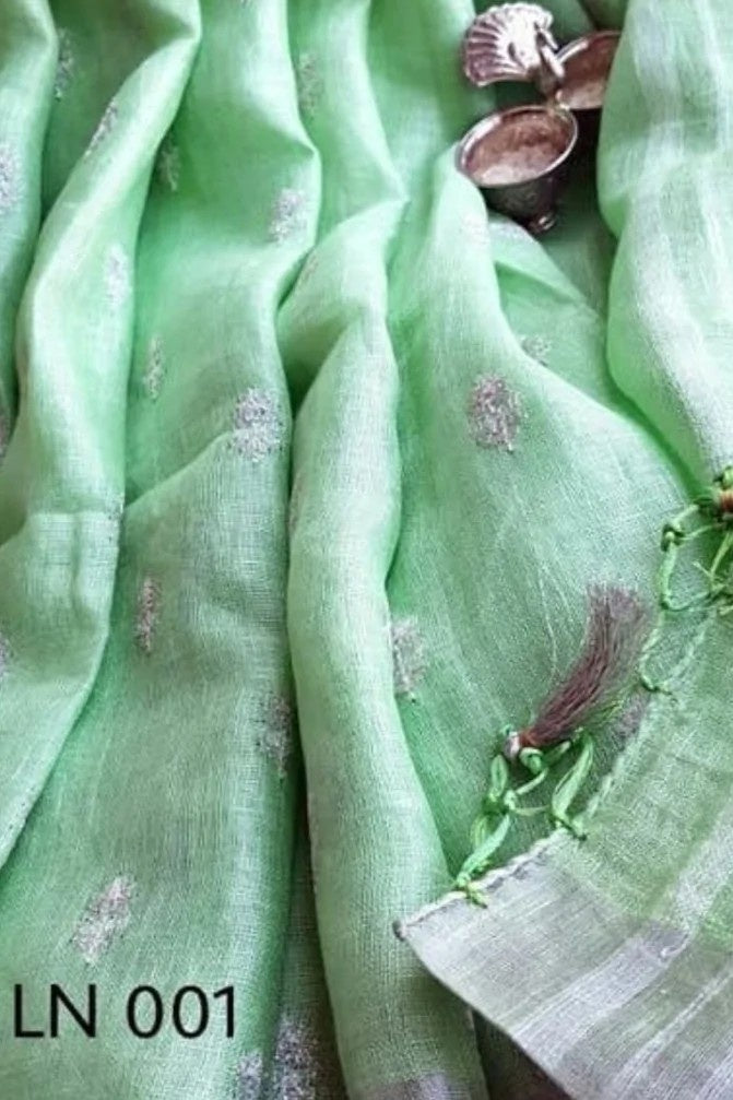 sea green embroidered handloom pure linen saree - linenworldonline.in