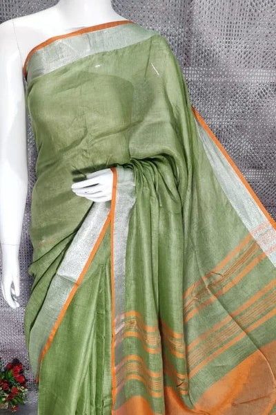 green handloom woven pure linen saree - linenworldonline.in