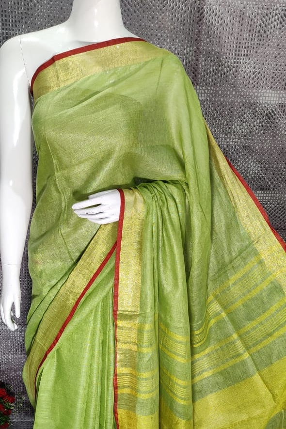pear green handloom woven pure linen saree - linenworldonline.in