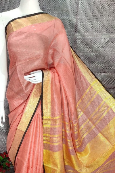 peach handloom woven pure linen saree - linenworldonline.in