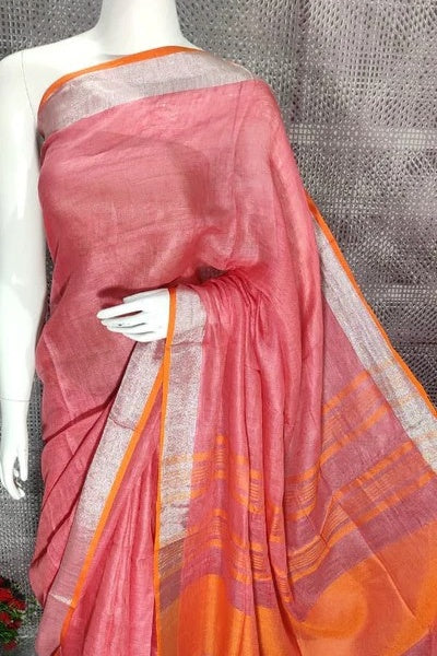 pink handloom woven pure linen saree - linenworldonline.in