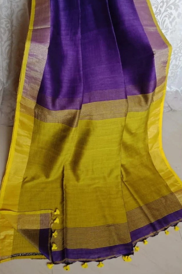 purple handloom woven pure linen saree - linenworldonline.in