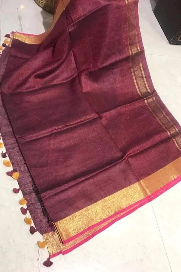 maroon handloom woven pure linen saree - linenworldonline.in