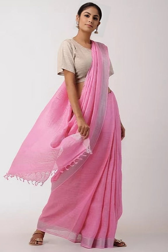 pink handloom woven pure linen saree - linenworldonline.in