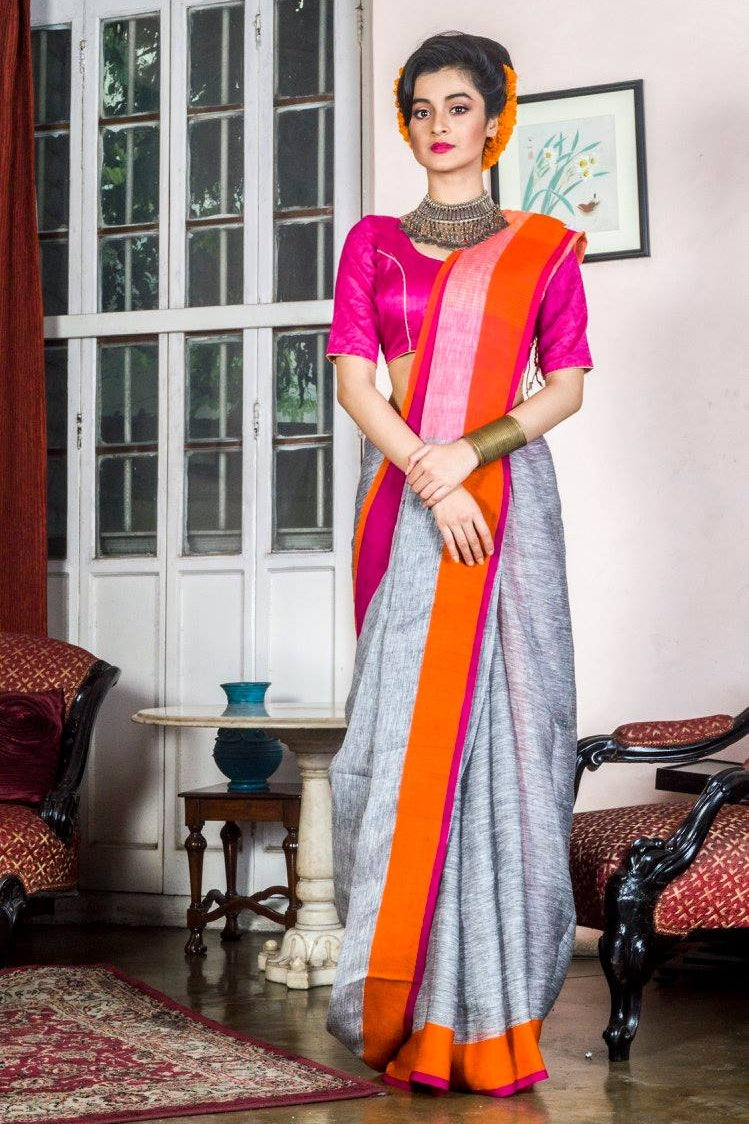 ganga yamuna grey handloom linen saree - linenworldonline.in
