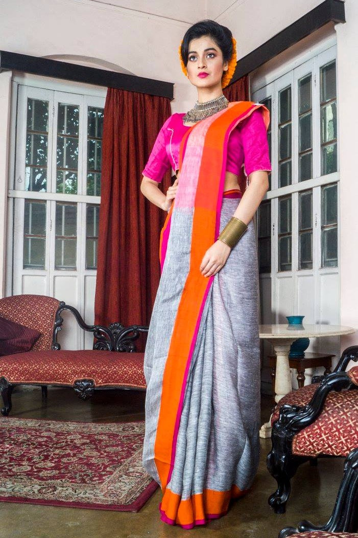 ganga yamuna grey handloom linen saree - linenworldonline.in