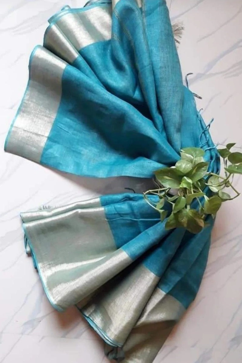 blue handloom pure linen saree - linenworldonline.in